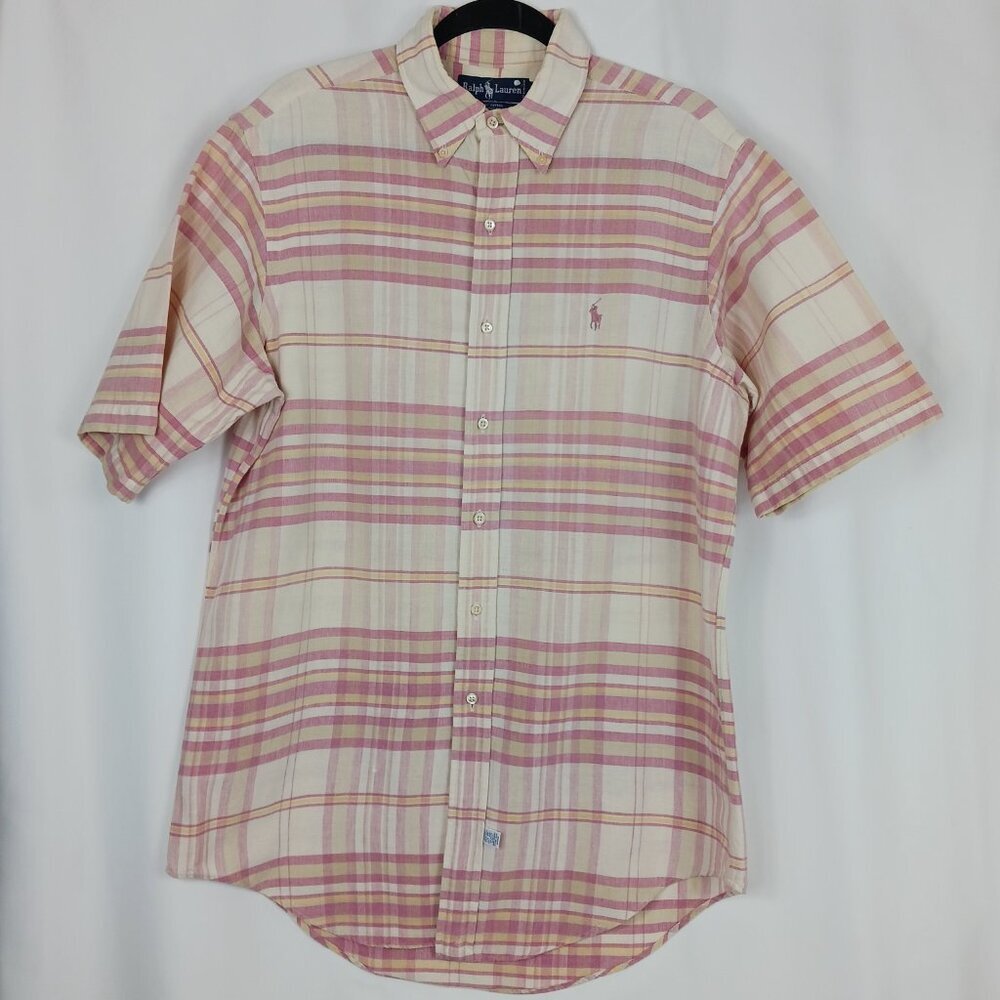 RALPH LAUREN Plaid Button Down Shirt Men's Size M Pink Cotton Short Sleeve